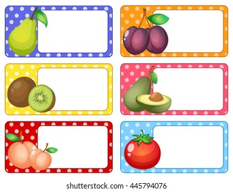 Square labels with fresh fruits illustration