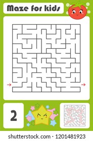 A square labyrinth with a cartoon character. Pretty tomato and star. An interesting and developing game for children. Simple flat isolated vector illustration