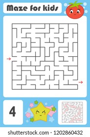 A square labyrinth with a cartoon character. Pretty tomato and star. An interesting and developing game for children. Simple flat isolated vector illustration