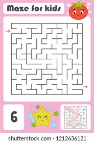 A square labyrinth with a cartoon character. Pretty tomato and star. An interesting and developing game for children. Simple flat isolated vector illustration