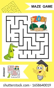 Square Labyrinth for Child with cute cartoon Alligator isolated on colorful background. Find right way to the ZOO. Entry and exit. With Answer. Education worksheet. Activity page.Logic Games for kids