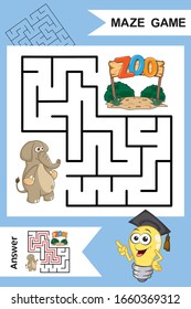 Square Labyrinth for Child with cute cartoon Elephant isolated on colorful background. Find right way to the ZOO. Entry and exit. With Answer. Education worksheet. Activity page.Logic Games for kids.