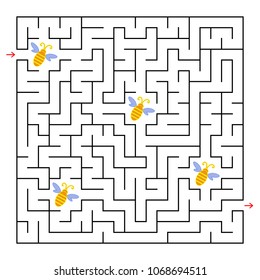 A square labyrinth. Collect all the bees and find a way out of the maze. Simple flat isolated vector illustration