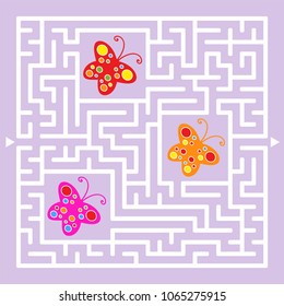 A square labyrinth. Collect all the butterflies and find a way out of the maze. Simple flat isolated vector illustration