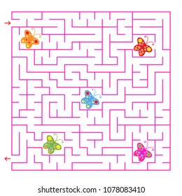 A square labyrinth. Collect all the butterflies and find a way out of the maze. Simple flat isolated vector illustration