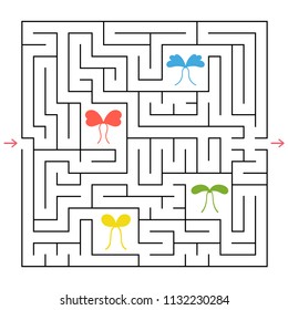 A square labyrinth. Collect all the colorful bows and find a way out of the maze. An interesting game for children. Simple flat vector illustration