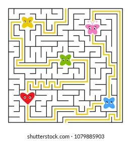 A square labyrinth. Collect all fairy toon and find a way out of the maze. Simple flat isolated vector illustration.