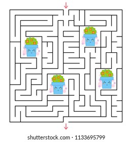 A square labyrinth. Collect all the flower pots and find a way out of the maze. An interesting game for children. Simple flat vector illustration