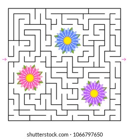 A square labyrinth. Collect all the flowers and find a way out of the maze. Simple flat isolated vector illustration