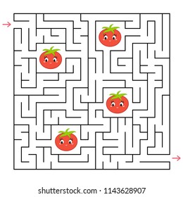 A square labyrinth. Collect all the tomatoes and find a way out of the maze. An interesting game for children. Simple flat vector illustration