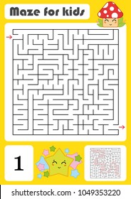 A square labyrinth. Developmental game for children. Vector illustration isolated on white background. Color design with cute cartoons.