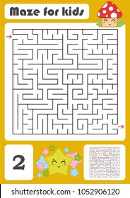 A square labyrinth. Developmental game for children. Vector illustration isolated on white background. Color design with cute cartoons.