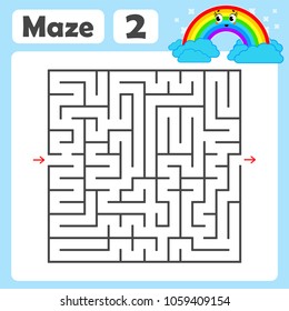 A square labyrinth. Developmental game for children. Colored Vector Flat Isolated Illustration. With a cute rainbow cartoon.