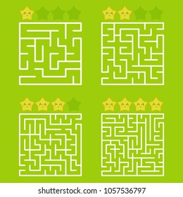 A square labyrinth with an entrance and an exit. A set of four options from simple to complex. With a rating of cute cartoon stars. Vector illustration isolated on a green background.