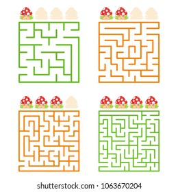 A square labyrinth with an entrance and an exit. A set of four options from simple to complex. With a rating of cute cartoon mushrooms. Vector illustration isolated on white background.