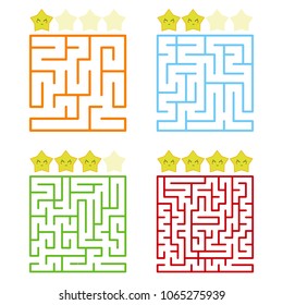 A square labyrinth with an entrance and an exit. A set of four options from simple to complex. With a rating of cute cartoon stars. Vector illustration isolated on white background.