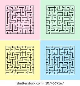 A square labyrinth with an entrance and an exit. A set of four options. A simple flat vector illustration isolated on a colored background