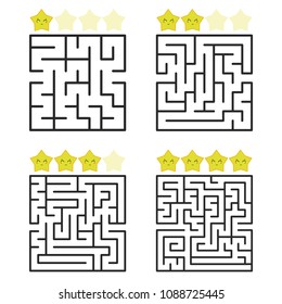 A square labyrinth with an entrance and an exit. A set of four options from simple to complex. With a rating of cute cartoon stars. Vector illustration isolated on white background.