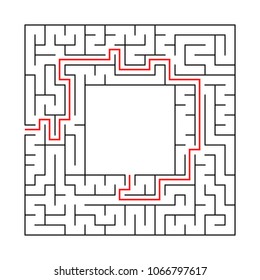A square labyrinth with an entrance and an exit. Simple flat vector illustration isolated on white background. With a place for your drawings. With the answer