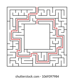 A square labyrinth with an entrance and an exit. Simple flat vector illustration isolated on white background. With a place for your drawings. With the answer.