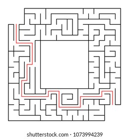 A square labyrinth with an entrance and an exit. Simple flat vector isolated illustration. With a place for your drawings. With the answer