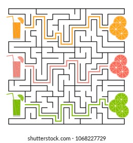 A square labyrinth. Find the way from juice to fruit. Simple flat isolated vector illustration.