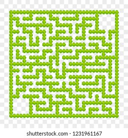 Square labyrinth of garden bushes. Game for kids. Puzzle for children. One entrance, one exit. Labyrinth conundrum. Flat vector illustration. On a transparent background. With place for your image