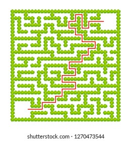 Square labyrinth of garden bushes. Game for kids. Puzzle for children. One entrance, one exit. Labyrinth conundrum. Flat vector illustration. With answer. With place for your image