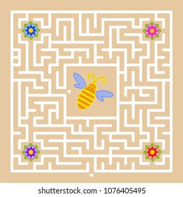 A square labyrinth. Help the bee to find a way out and collect honey from all colors. Simple flat isolated vector illustration