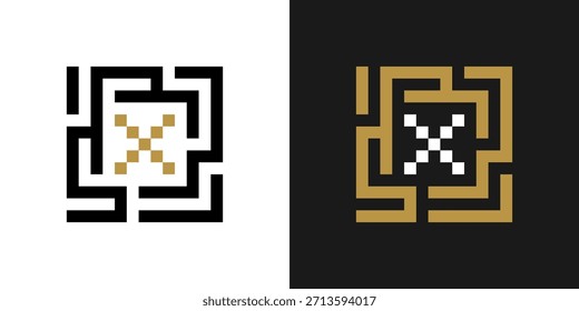 inspiração de design de logotipo de labirinto quadrado com letra X