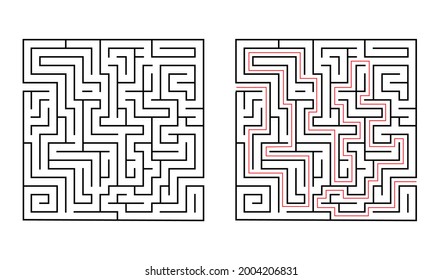 Square labyrinth maze game for children. Logic education with black outline game with answer. Find right way. Vector illustration Isolated on white background.