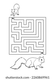 Square labyrinth maze game for kids. Help baby squirrel find the right path to his mom. Vector. Black and white. Cartoon