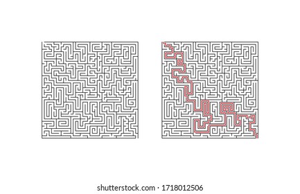 Square labyrinth maze game. Single puzzle with solution. Find the right way. Vector illustration.