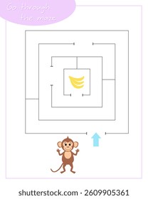A square labyrinth with monkey for children. Mini game for children. Development of logic.