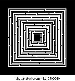 A square labyrinth on a black background with an entrance and a road along black lines