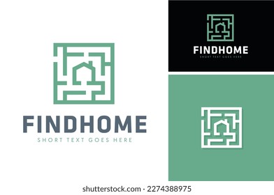 Square Labyrinth Puzzle Maze Game with House for Find Home Residential Property Agent logo design