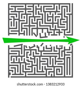 A square labyrinth. Success concept. Maze game with green arrow. Gray maze for Your business project. Vector Illustration