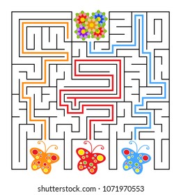 A square labyrinth. What butterfly will fly to the flower. Simple flat isolated vector illustration. With the answer