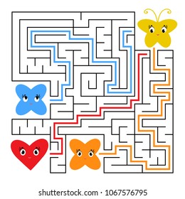 A square labyrinth. Who will reach the magic yellow cartoon. Simple flat isolated vector illustration. With the answer