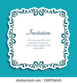 Square lace doily under cake with swirly border pattern. Cutout paper wedding invitation or save the date card design. Vector template for laser cutting or plotter printing. Place for text.