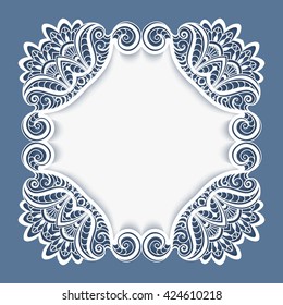 Square lace frame with cutout paper corners, vector illustration