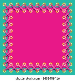 Square Lace Frame with silk fabric swirls, Corset lacing, weaving ribbons border connecting the pink and green parts. Ornamental background for wedding, baby shower invitations, greeting card. Vector 