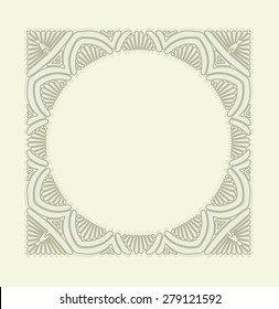 Square lace vector design - mandala with shadow in pleasant light gamma and round place in centre for your text or logo decor.