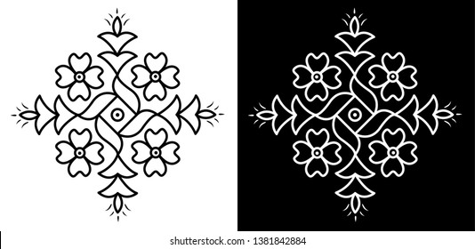 Square, Lamps and Flowers - Indian Traditional and Cultural Rangoli, Alpona, Kolam or Paisley vector line art with dark and white background