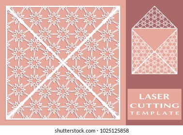 Square laser cut envelope template. Vector openwork filigree template for wedding invitation or greeting card. Decorative design element with lace ornament, hand drawn doodle floral pattern.
