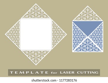 Square laser cut envelope template. Vector openwork filigree template for wedding invitation or greeting card. Decorative design element with lace ornament, geometric line pattern