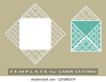 Square laser cut envelope template. Vector openwork filigree template for wedding invitation or greeting card. Decorative design element with lace ornament, geometric line pattern
