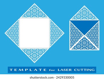 Square laser cut envelope template. Vector openwork filigree template for wedding invitation or greeting card. Decorative design element with lace ornament, geometric line pattern