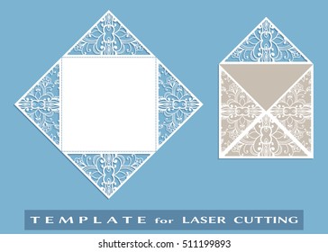 Square laser cut envelope template. Vector openwork filigree template for wedding invitation or greeting card. Decorative design element with lace ornament, hand drawn doodle floral pattern.