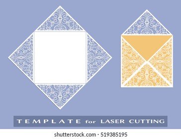 Square laser cut envelope template. Vector openwork filigree template for wedding invitation or greeting card. Decorative design element with lace ornament, hand drawn doodle floral pattern.
